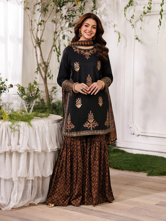 Mohagni MSS12 3pc Embroidered Cotton Gharara Suit with Printed Monar Dupatta