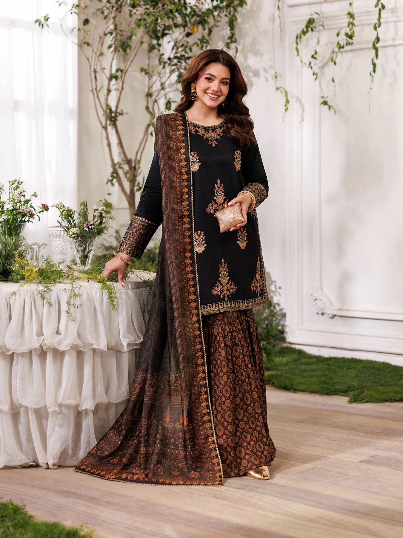 Mohagni MSS12 3pc Embroidered Cotton Gharara Suit with Printed Monar Dupatta