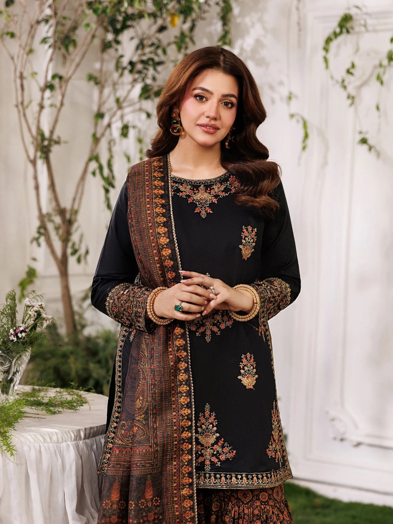 Mohagni MSS12 3pc Embroidered Cotton Gharara Suit with Printed Monar Dupatta