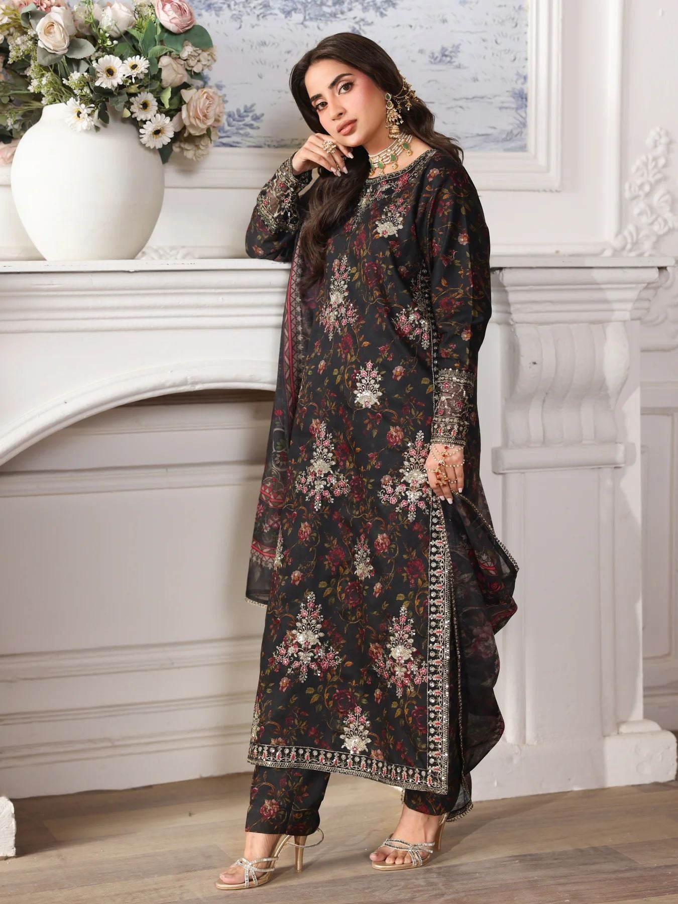 Mohagni MSS2 3pc Cotton Embroidered Long Suit with Monar Dupatta