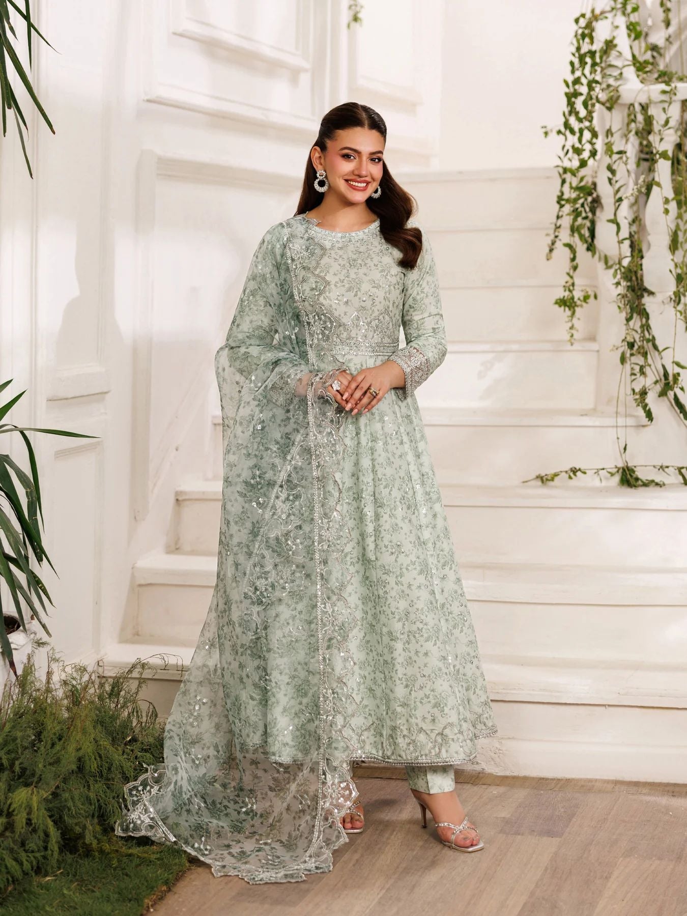 Mohagni MSS3 3pc Cotton Embroidered Frock with Organza Dupatta