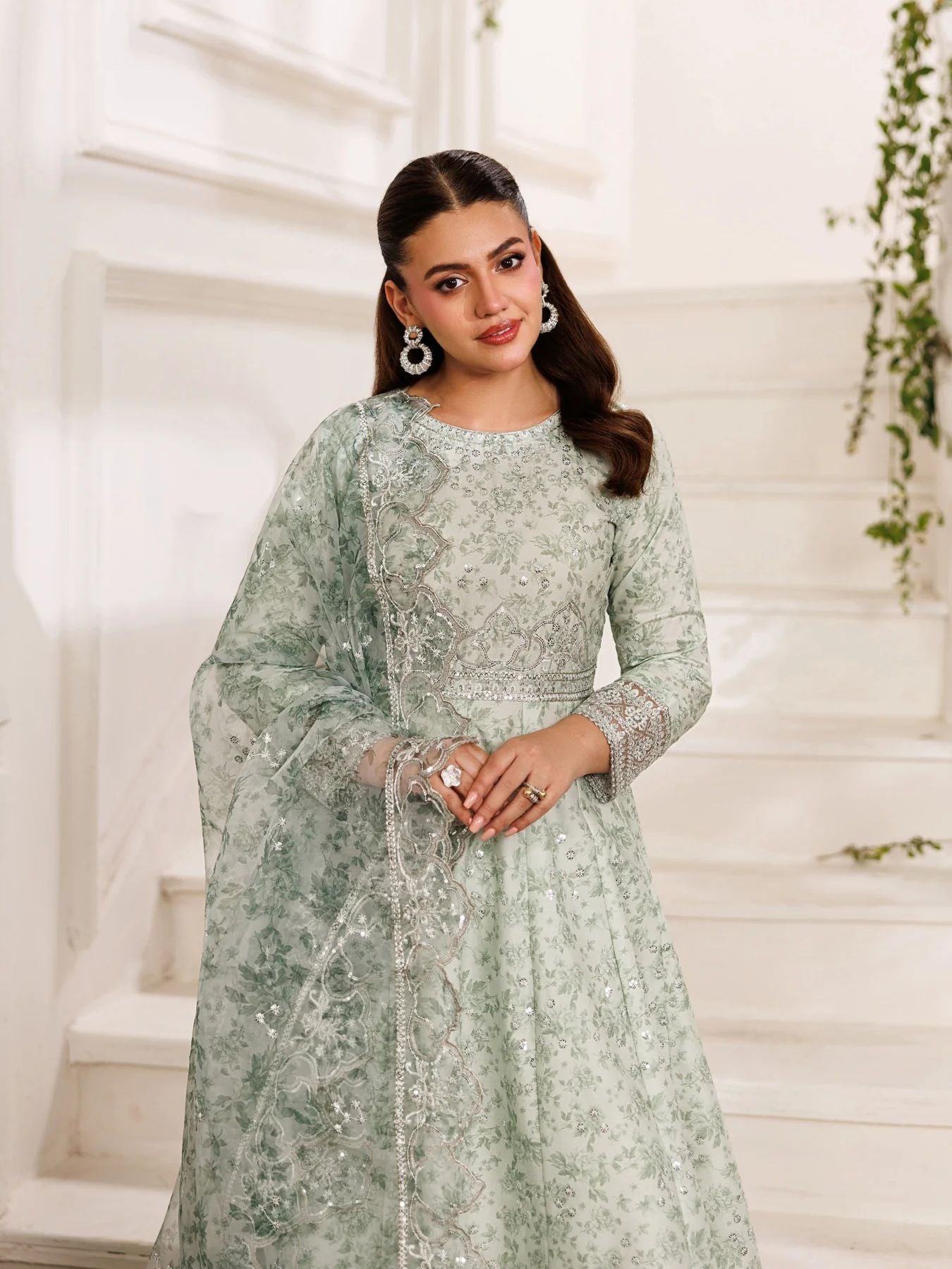 Mohagni MSS3 3pc Cotton Embroidered Frock with Organza Dupatta