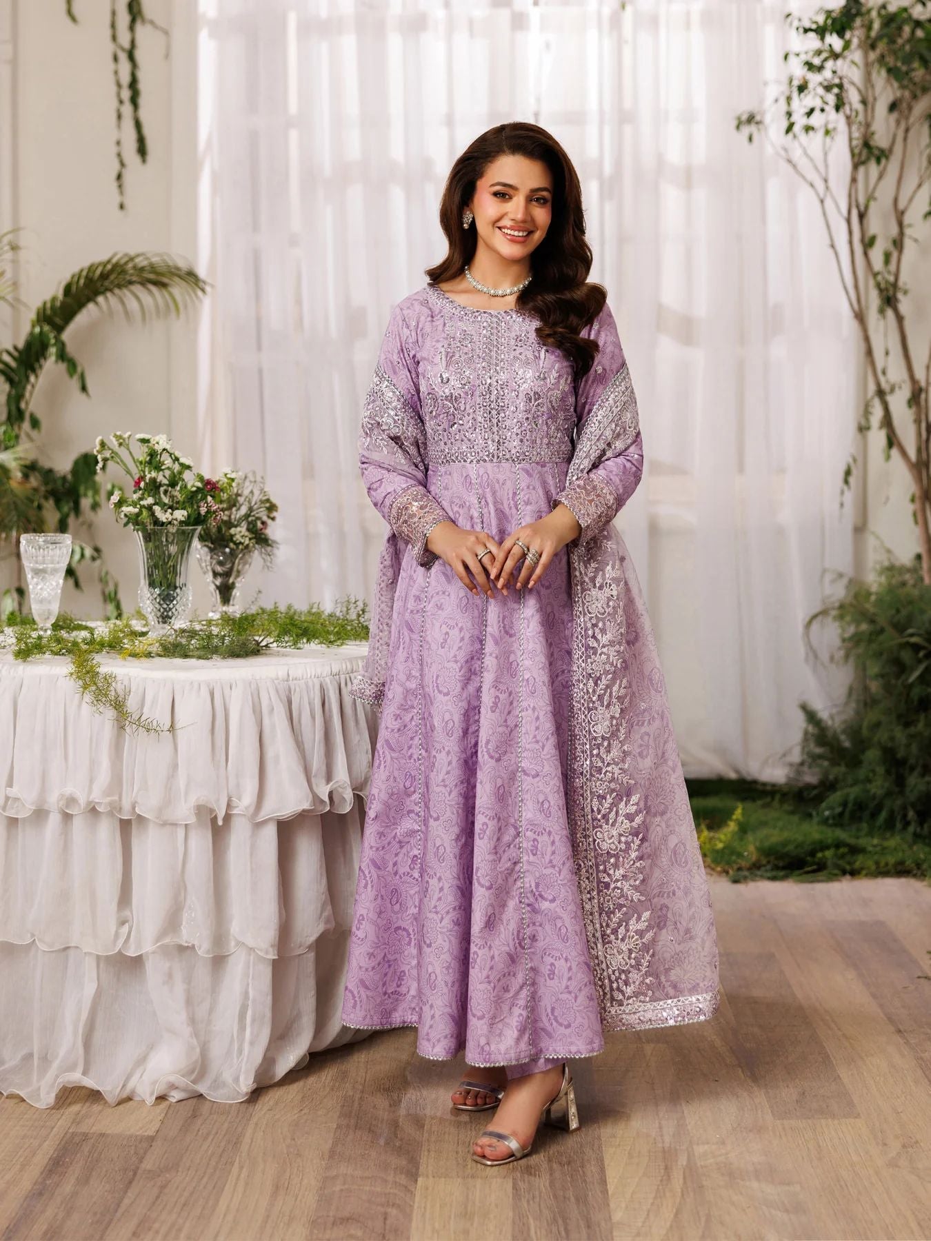 Mohagni MSS4 3pc Cotton Embroidered Long Frock with Organza Dupatta