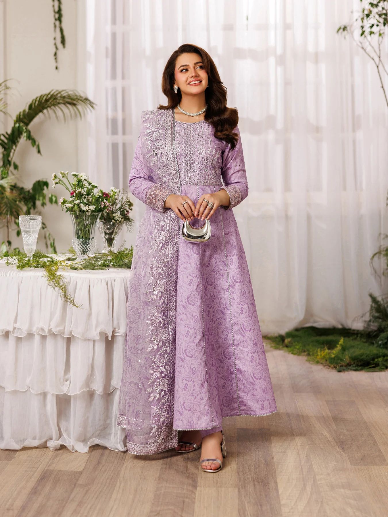 Mohagni MSS4 3pc Cotton Embroidered Long Frock with Organza Dupatta