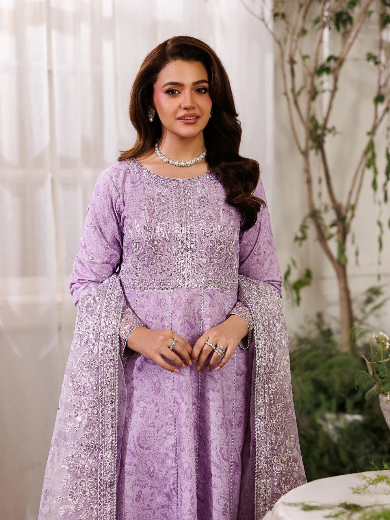Mohagni MSS4 3pc Cotton Embroidered Long Frock with Organza Dupatta