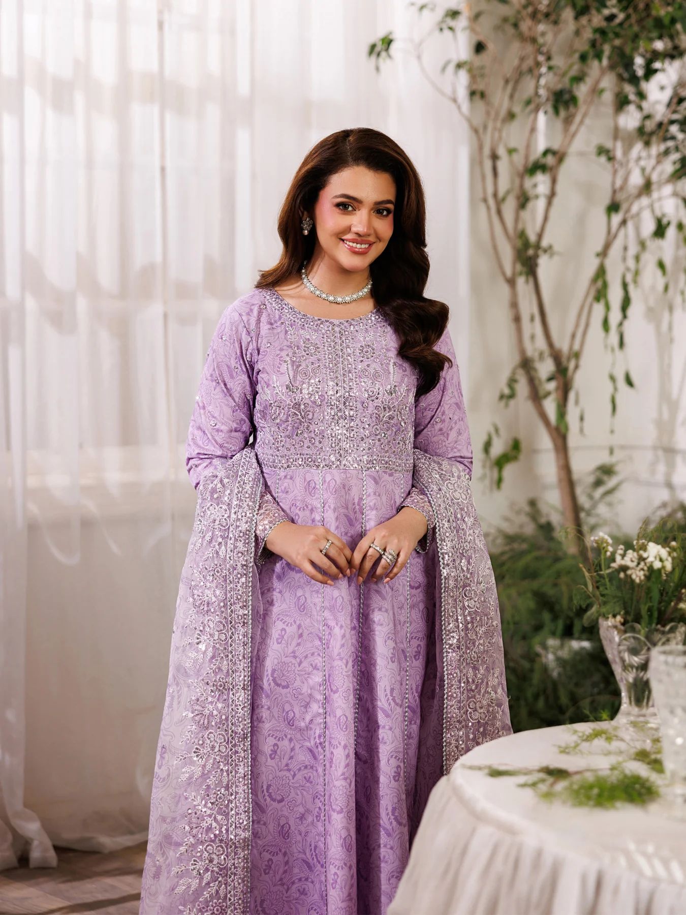 Mohagni MSS4 3pc Cotton Embroidered Long Frock with Organza Dupatta