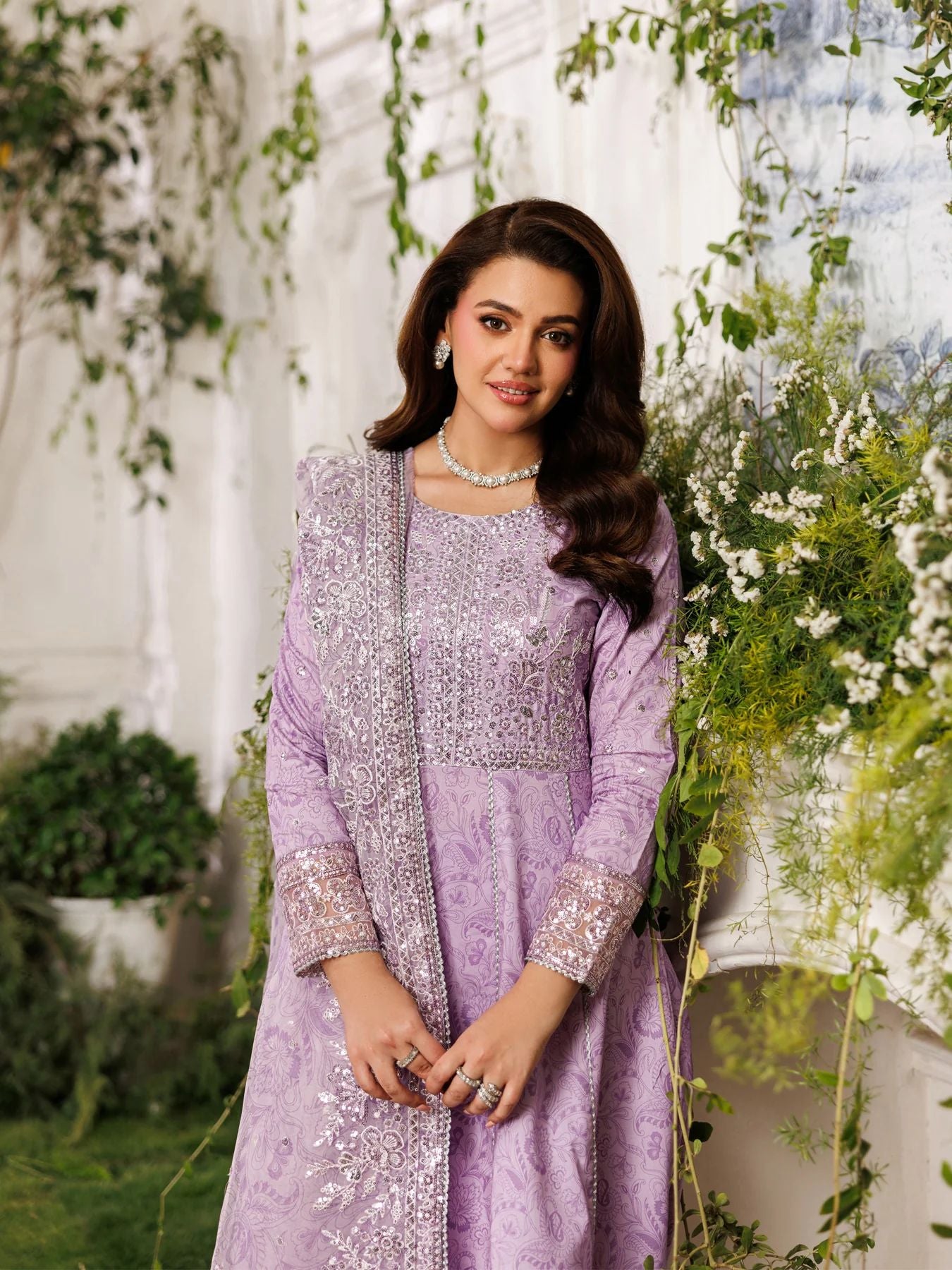 Mohagni MSS4 3pc Cotton Embroidered Long Frock with Organza Dupatta