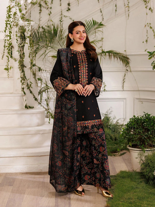 Mohagni MSS5 3pc Dyed Cotton Embroidered Palazzo Suit with Zari Dupatta