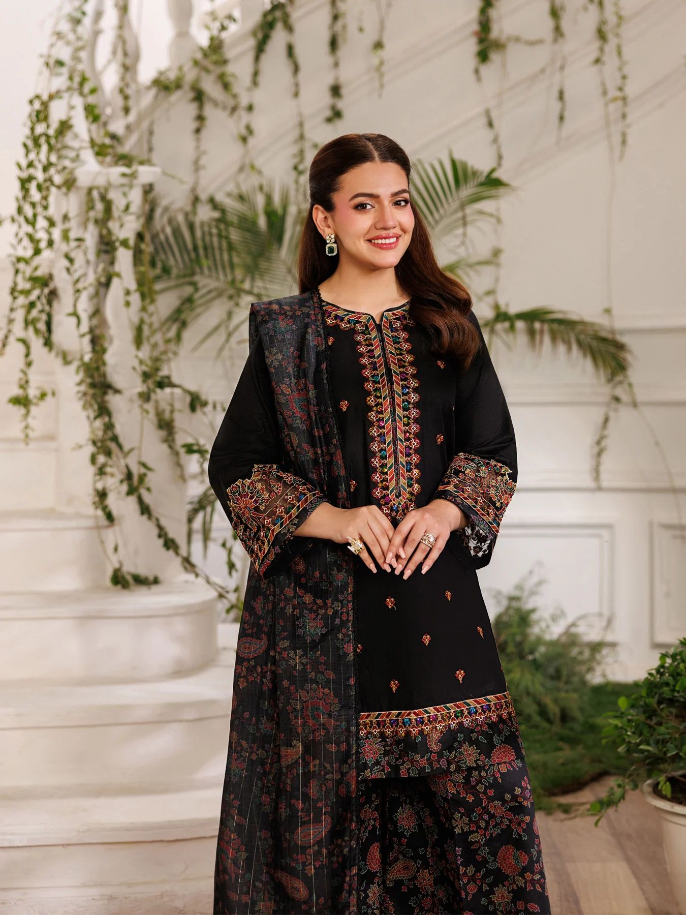 Mohagni MSS5 3pc Dyed Cotton Embroidered Palazzo Suit with Zari Dupatta