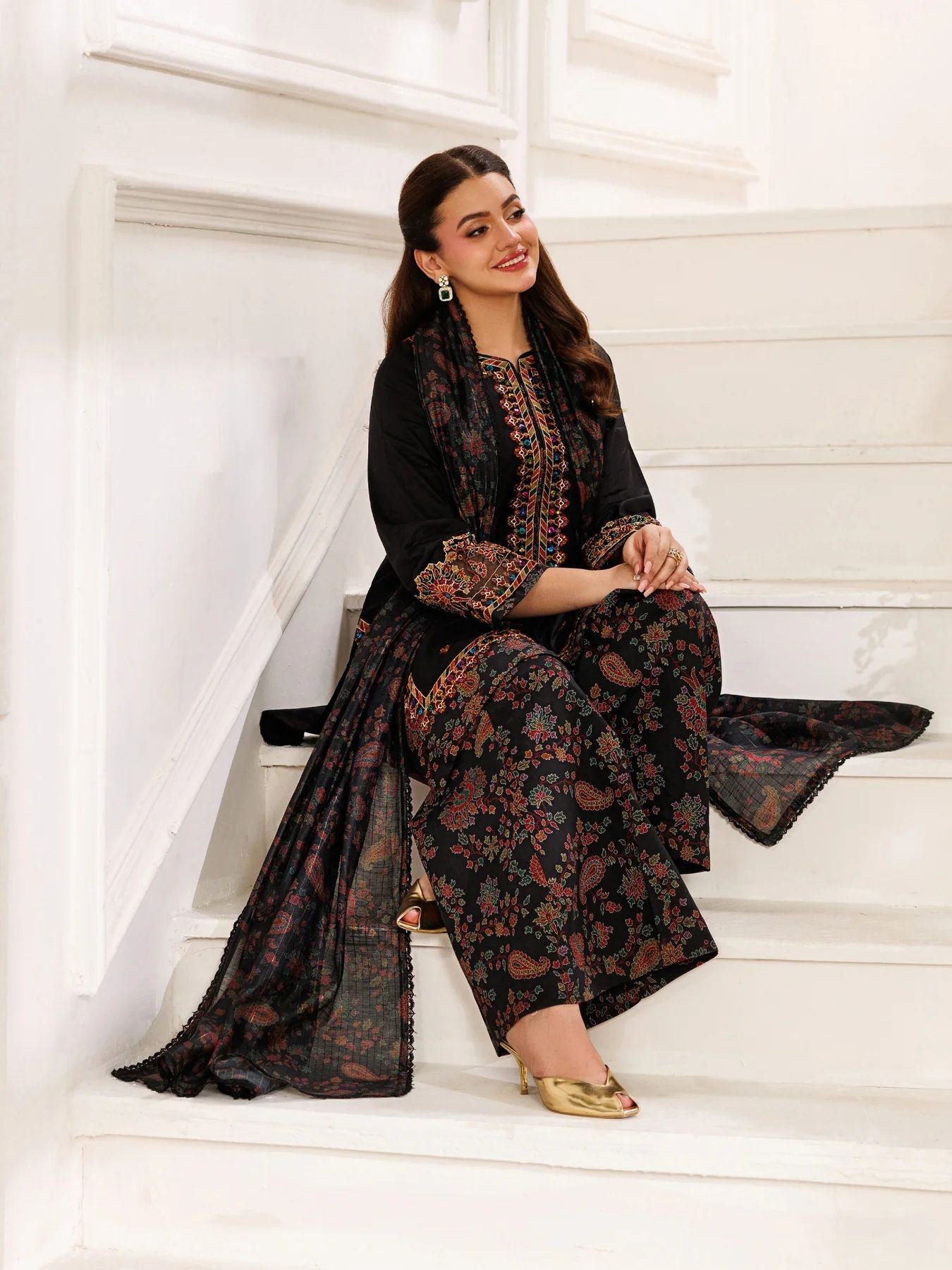 Mohagni MSS5 3pc Dyed Cotton Embroidered Palazzo Suit with Zari Dupatta