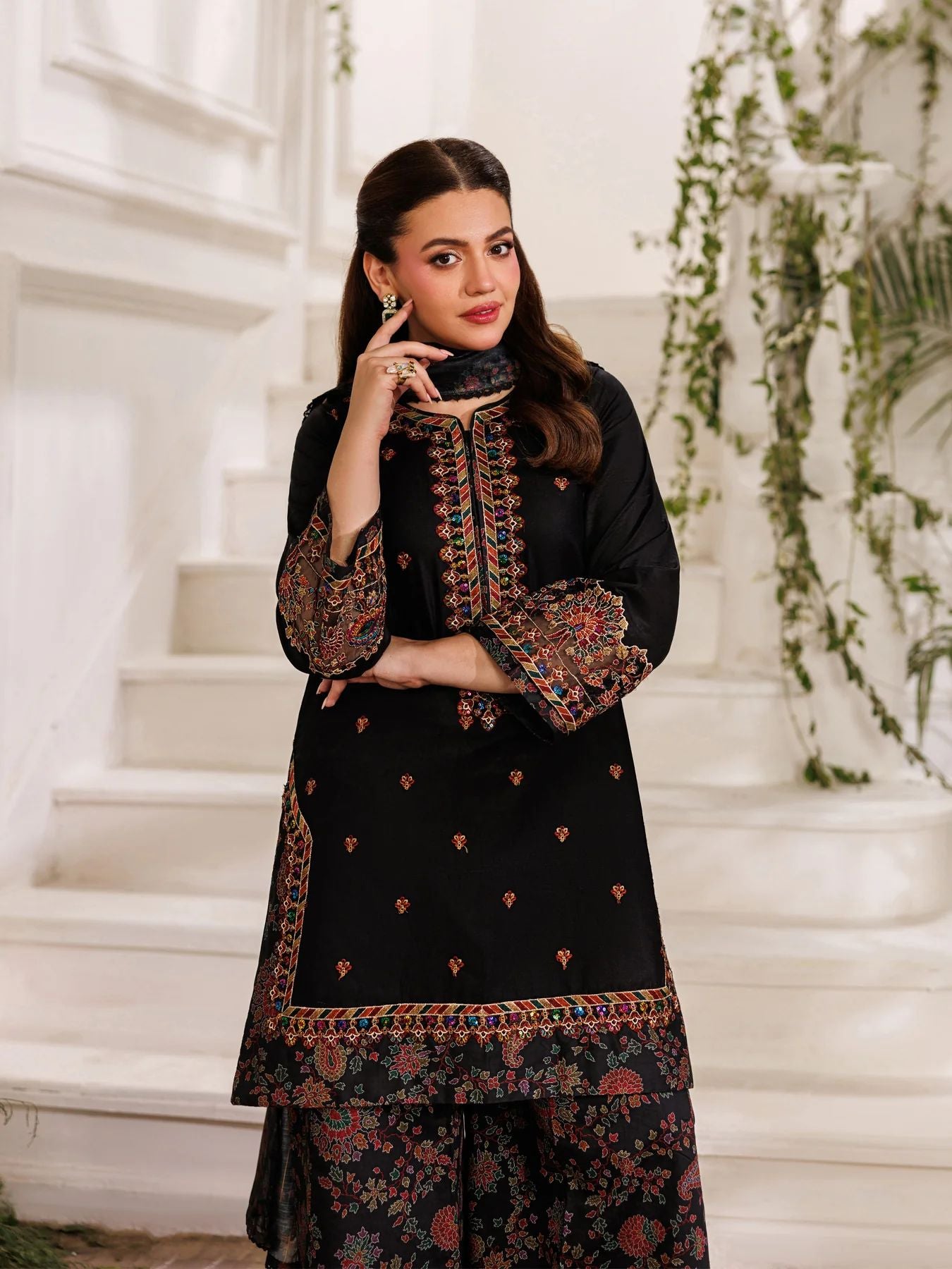 Mohagni MSS5 3pc Dyed Cotton Embroidered Palazzo Suit with Zari Dupatta