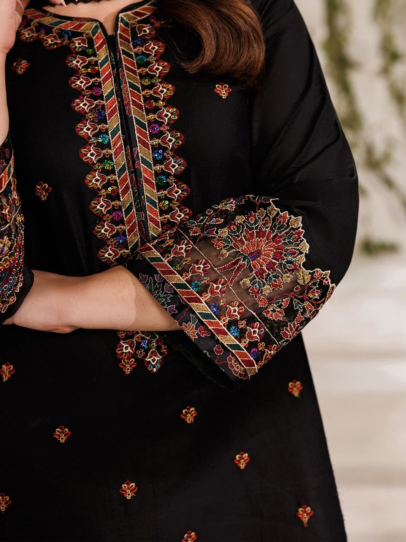 Mohagni MSS5 3pc Dyed Cotton Embroidered Palazzo Suit with Zari Dupatta