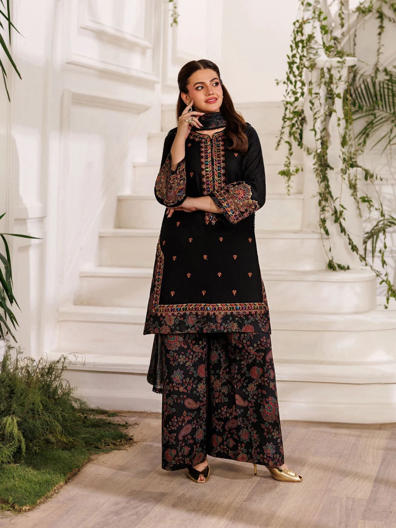 Mohagni MSS5 3pc Dyed Cotton Embroidered Palazzo Suit with Zari Dupatta