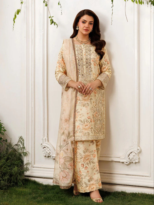 Mohagni MSS7 3pc Printed Cotton Embroidered Suit with Mirror Work & Monar Dupatta