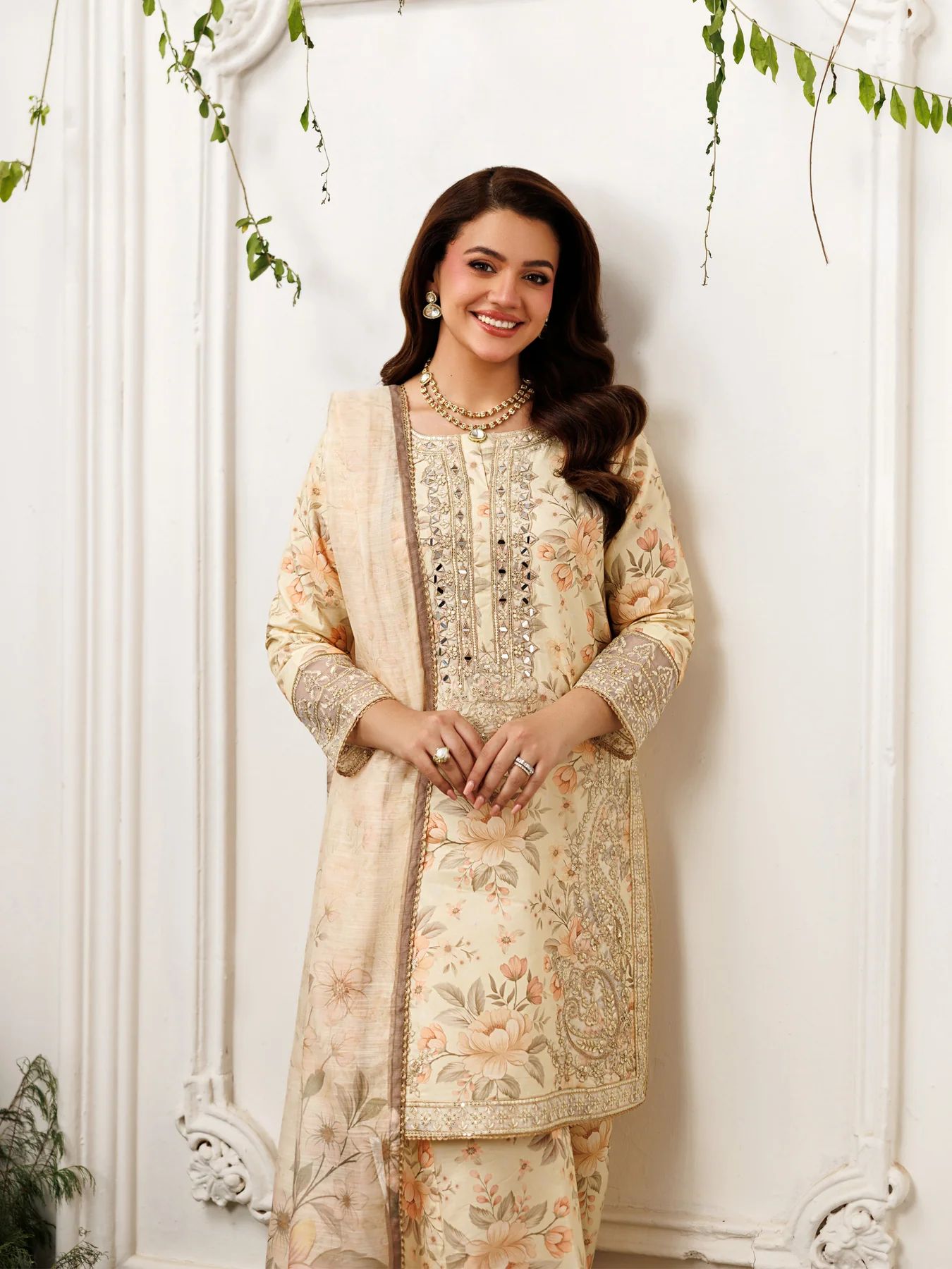 Mohagni MSS7 3pc Printed Cotton Embroidered Suit with Mirror Work & Monar Dupatta