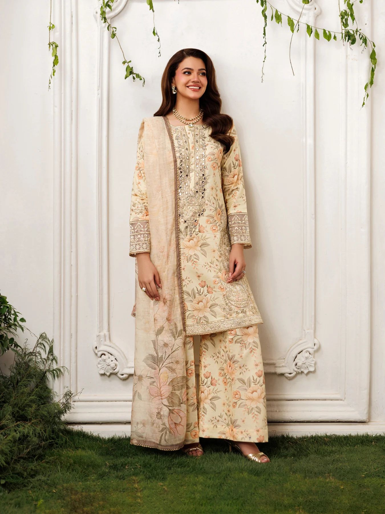 Mohagni MSS7 3pc Printed Cotton Embroidered Suit with Mirror Work & Monar Dupatta
