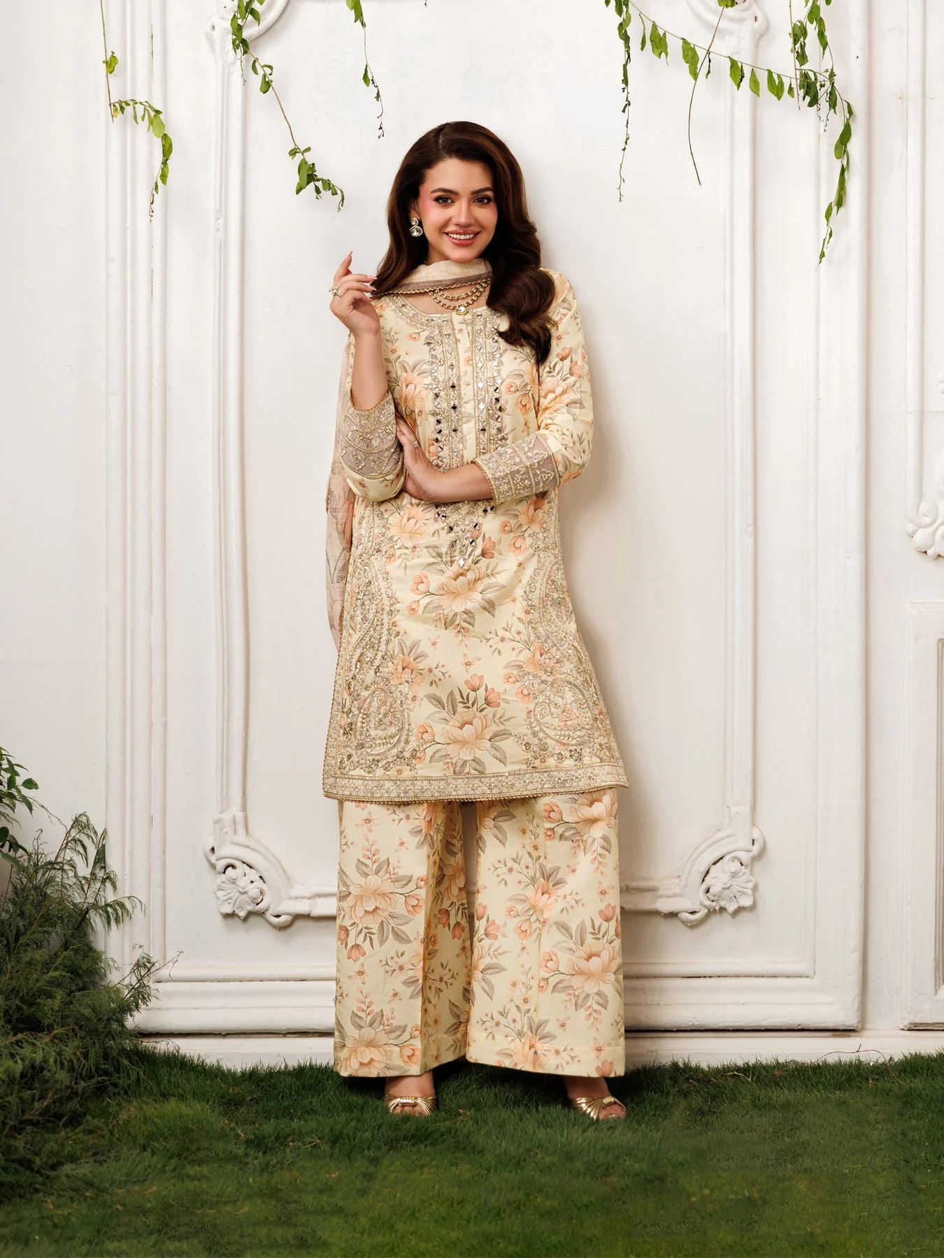 Mohagni MSS7 3pc Printed Cotton Embroidered Suit with Mirror Work & Monar Dupatta
