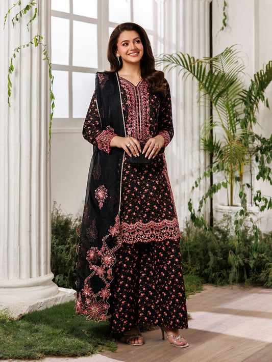Mohagni MSS8 3pc Cotton Palazzo Suit with Embroidered Organza Dupatta