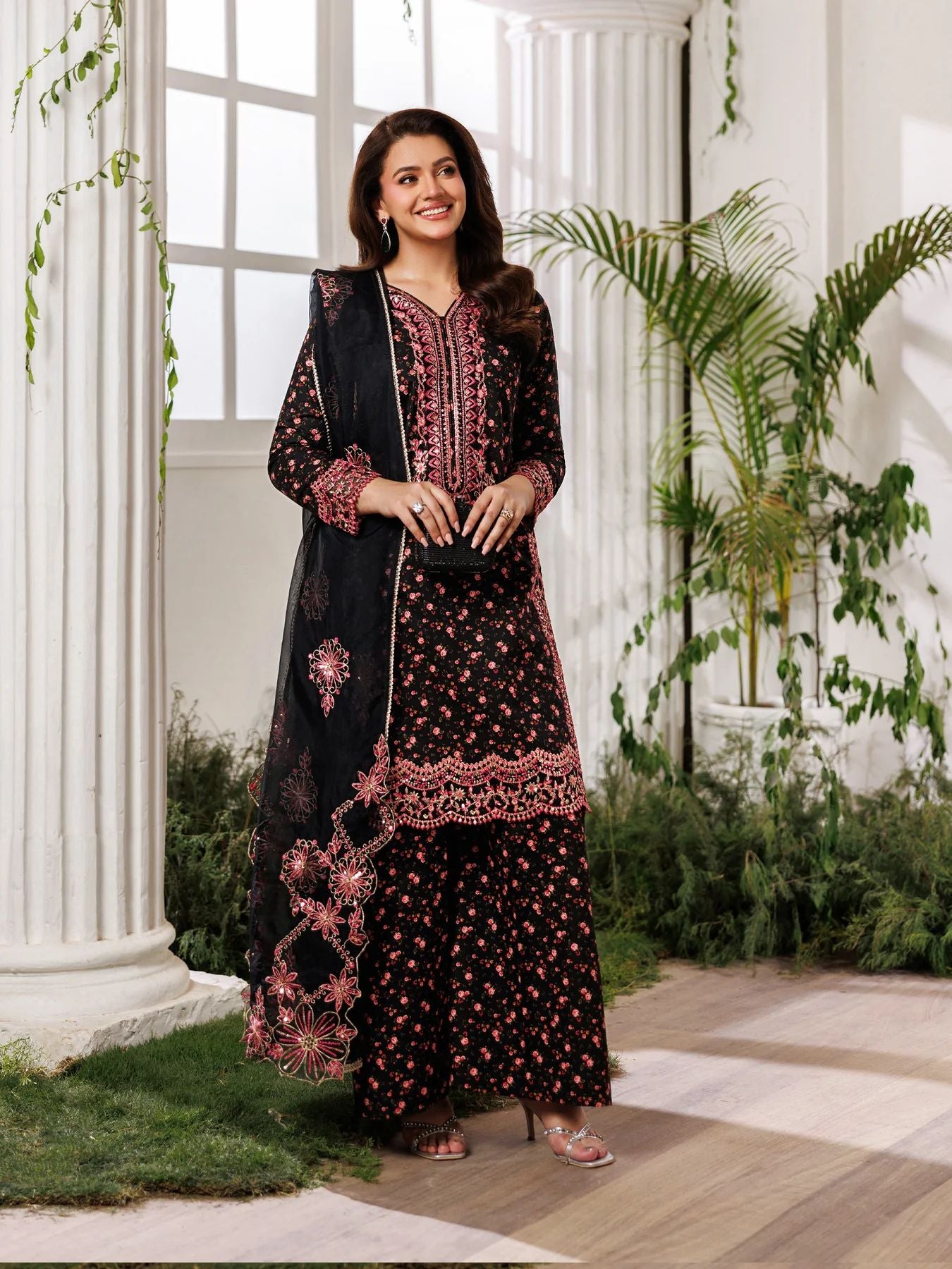 Mohagni MSS8 3pc Cotton Palazzo Suit with Embroidered Organza Dupatta