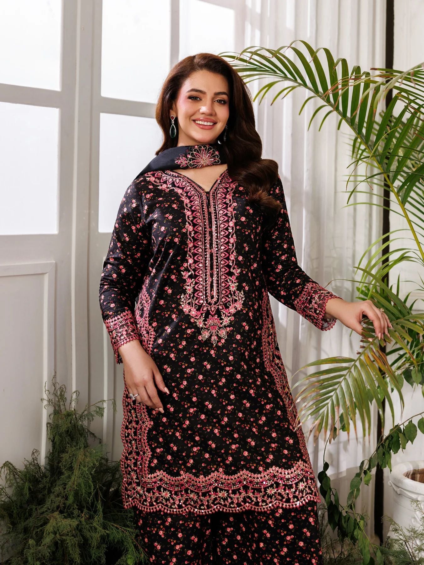 Mohagni MSS8 3pc Cotton Palazzo Suit with Embroidered Organza Dupatta