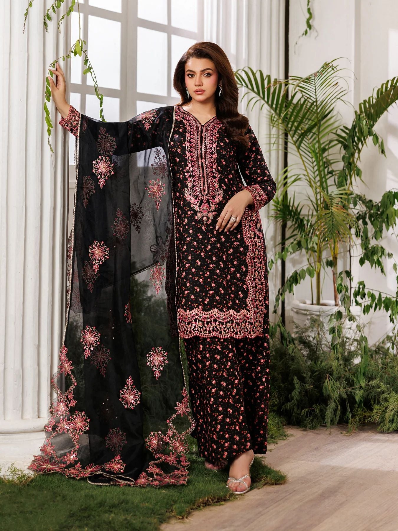 Mohagni MSS8 3pc Cotton Palazzo Suit with Embroidered Organza Dupatta