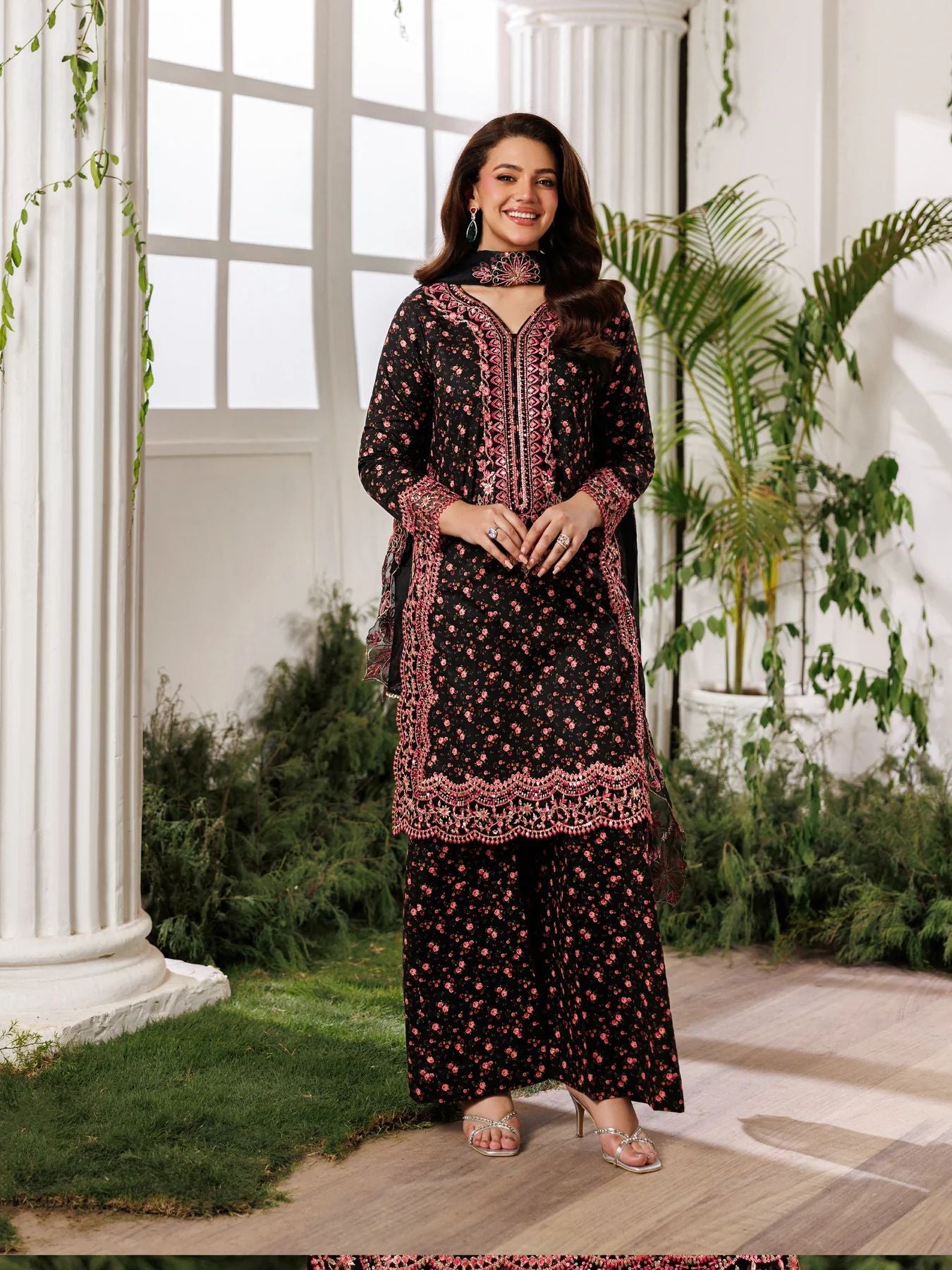 Mohagni MSS8 3pc Cotton Palazzo Suit with Embroidered Organza Dupatta