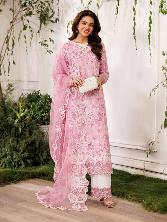 Mohagni MSS9 3pc Printed Cotton Embroidered Suit with Organza Dupatta
