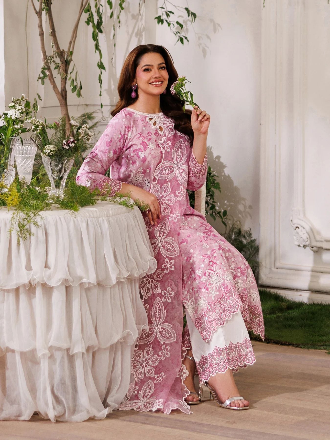 Mohagni MSS9 3pc Printed Cotton Embroidered Suit with Organza Dupatta