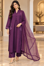 Miski Winter Essentials 3pc Plum Embroidered Linen Suit with Net Dupatta – MWE8