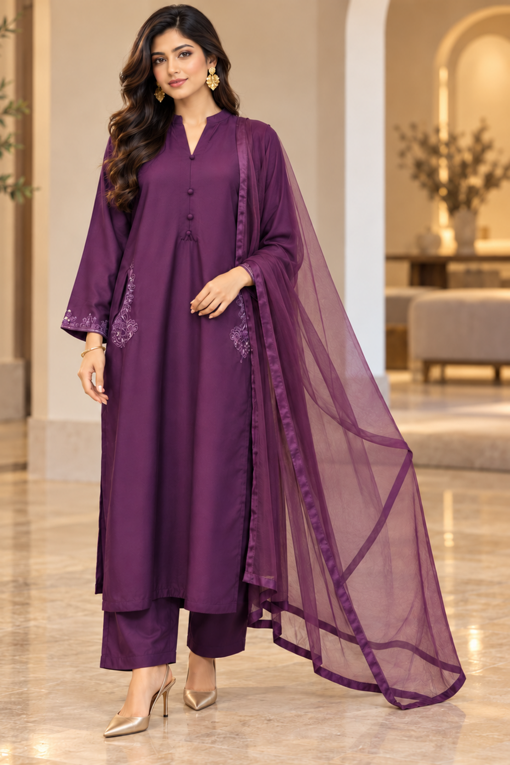 Miski Winter Essentials 3pc Plum Embroidered Linen Suit with Net Dupatta – MWE8