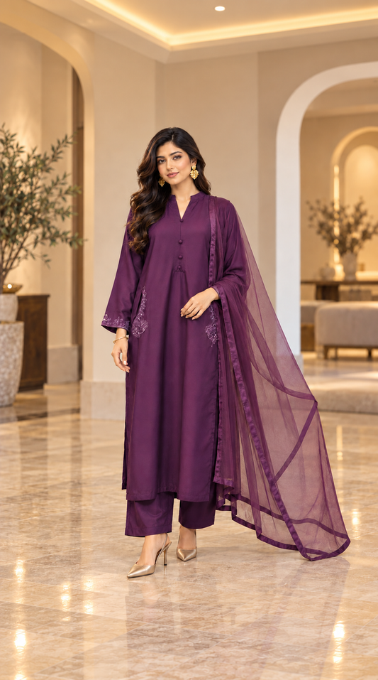 Miski Winter Essentials 3pc Plum Embroidered Linen Suit with Net Dupatta – MWE8