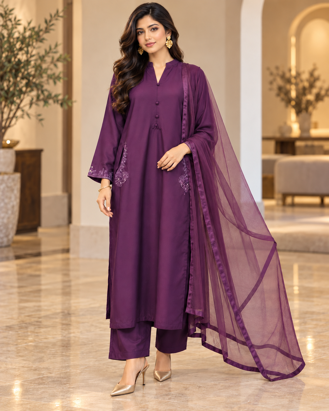Miski Winter Essentials 3pc Plum Embroidered Linen Suit with Net Dupatta – MWE8