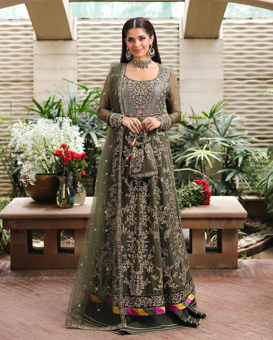 Mehwar 3pc Embroidered Chiffon Maxi with Net Dupatta & Lehenga – Ready to Wear
