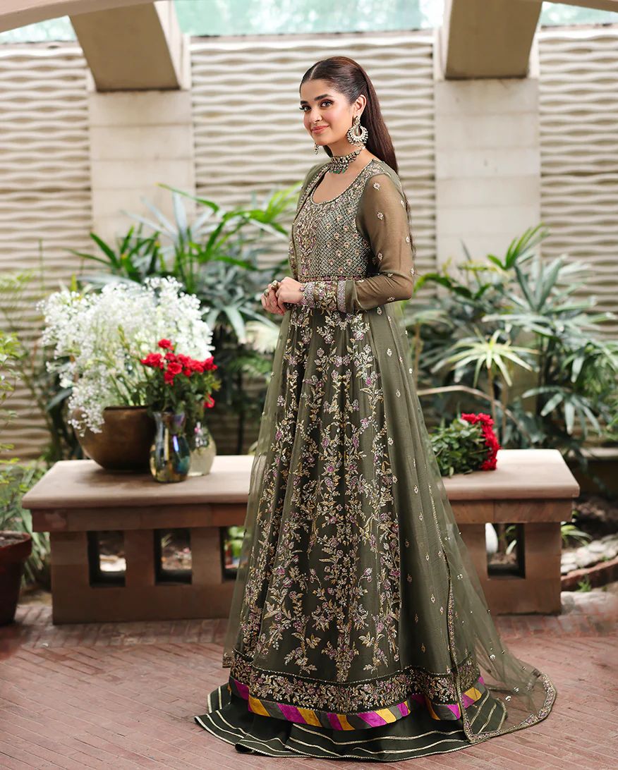 Mehwar 3pc Embroidered Chiffon Maxi with Net Dupatta & Lehenga – Ready to Wear