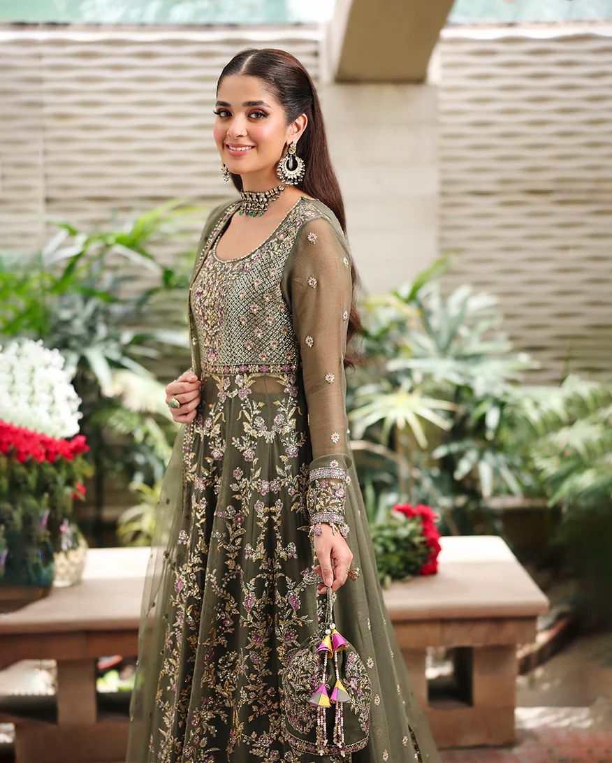 Mehwar 3pc Embroidered Chiffon Maxi with Net Dupatta & Lehenga – Ready to Wear