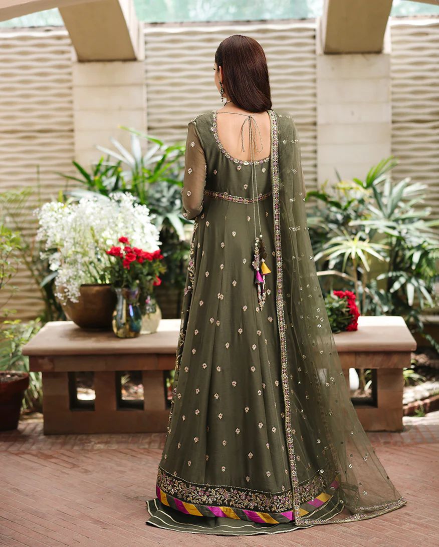 Mehwar 3pc Embroidered Chiffon Maxi with Net Dupatta & Lehenga – Ready to Wear