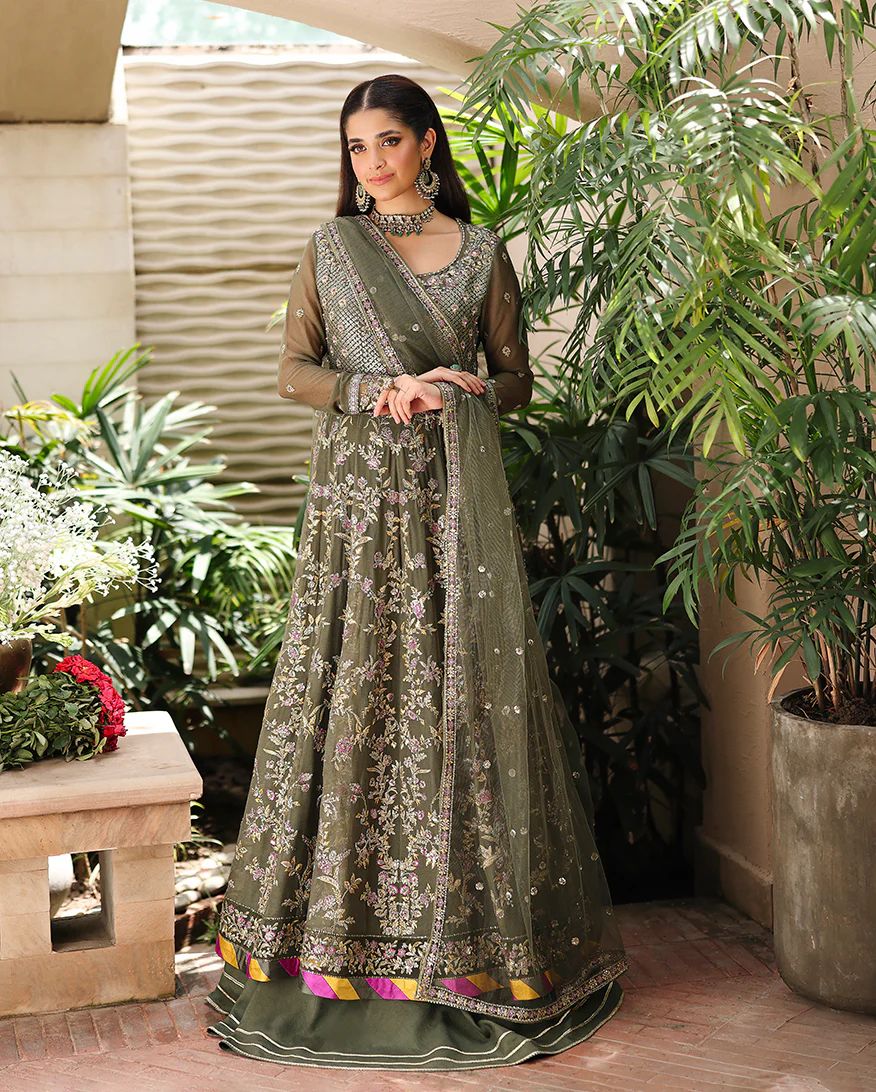 Mehwar 3pc Embroidered Chiffon Maxi with Net Dupatta & Lehenga – Ready to Wear
