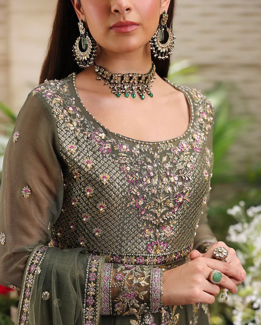 Mehwar 3pc Embroidered Chiffon Maxi with Net Dupatta & Lehenga – Ready to Wear