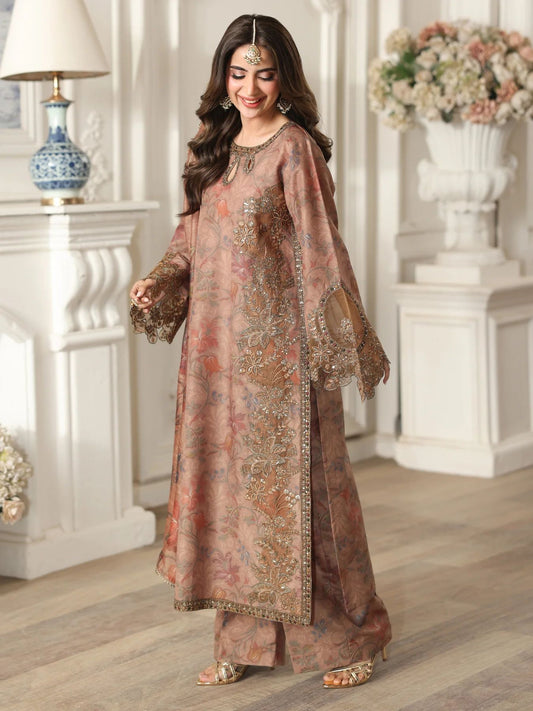 Mohagni MSA1 Printed Silk Viscose Embroidered 3pc Suit with Monar Dupatta