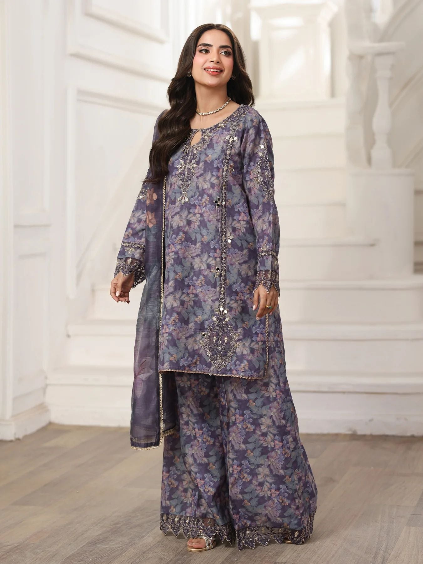 Mohagni MSA6 Mother Daughter Silk Viscose Mirror Work Palazzo Suit