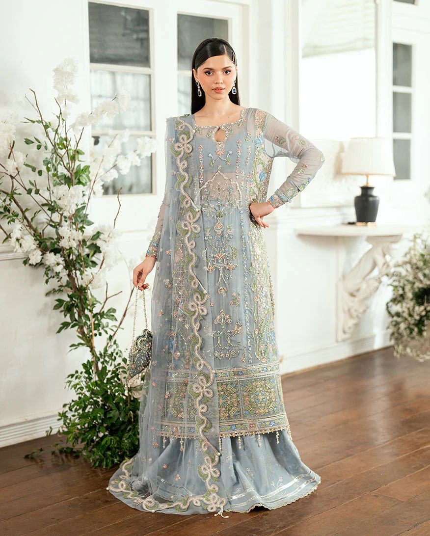 Mushq Ready to Wear Ice Blue Embellished Chiffon Formal Suit – MFF1