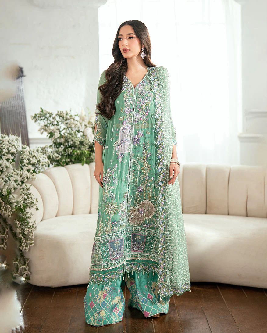 Mushq Ready to Wear Sea Green Embellished Chiffon Formal Suit – MFF2