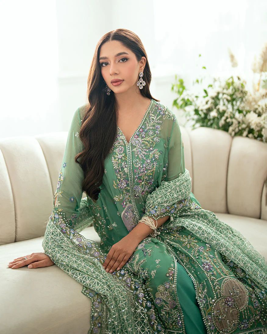 Mushq Ready to Wear Sea Green Embellished Chiffon Formal Suit – MFF2