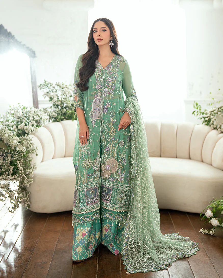 Mushq Ready to Wear Sea Green Embellished Chiffon Formal Suit – MFF2