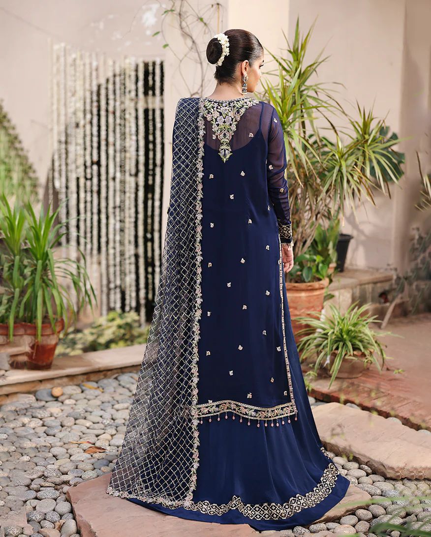 Nilofar 3pc Embroidered Chiffon Suit with Net Dupatta & Lehenga – Ready to Wear