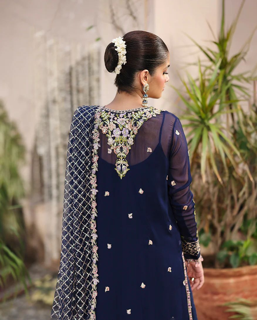 Nilofar 3pc Embroidered Chiffon Suit with Net Dupatta & Lehenga – Ready to Wear
