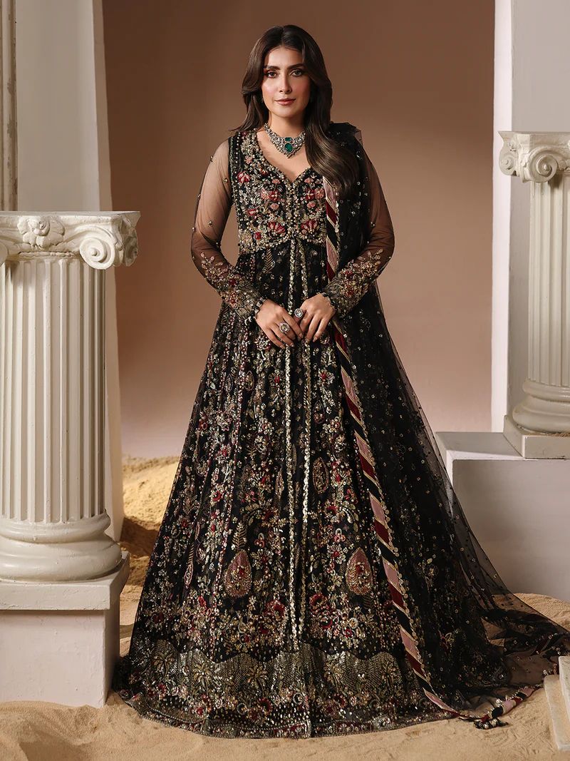 3pc Embroidered Net Open Maxi with Dupatta Zevar by Aroosh
