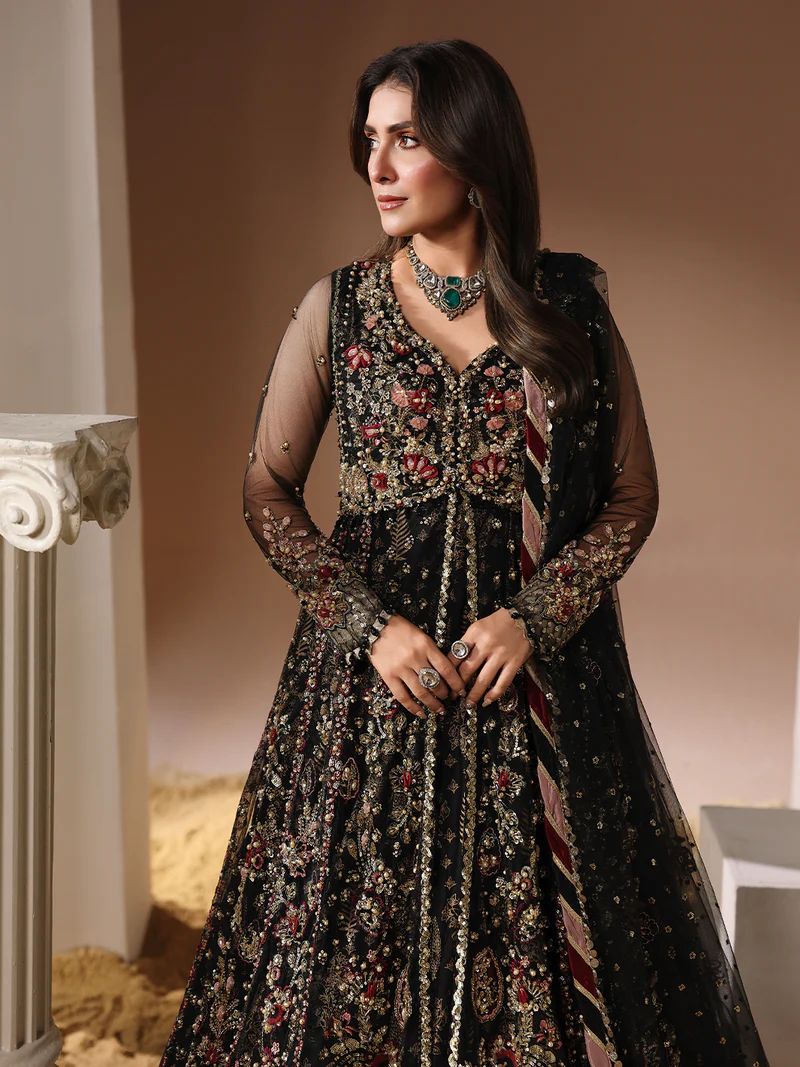 3pc Embroidered Net Open Maxi with Dupatta Zevar by Aroosh
