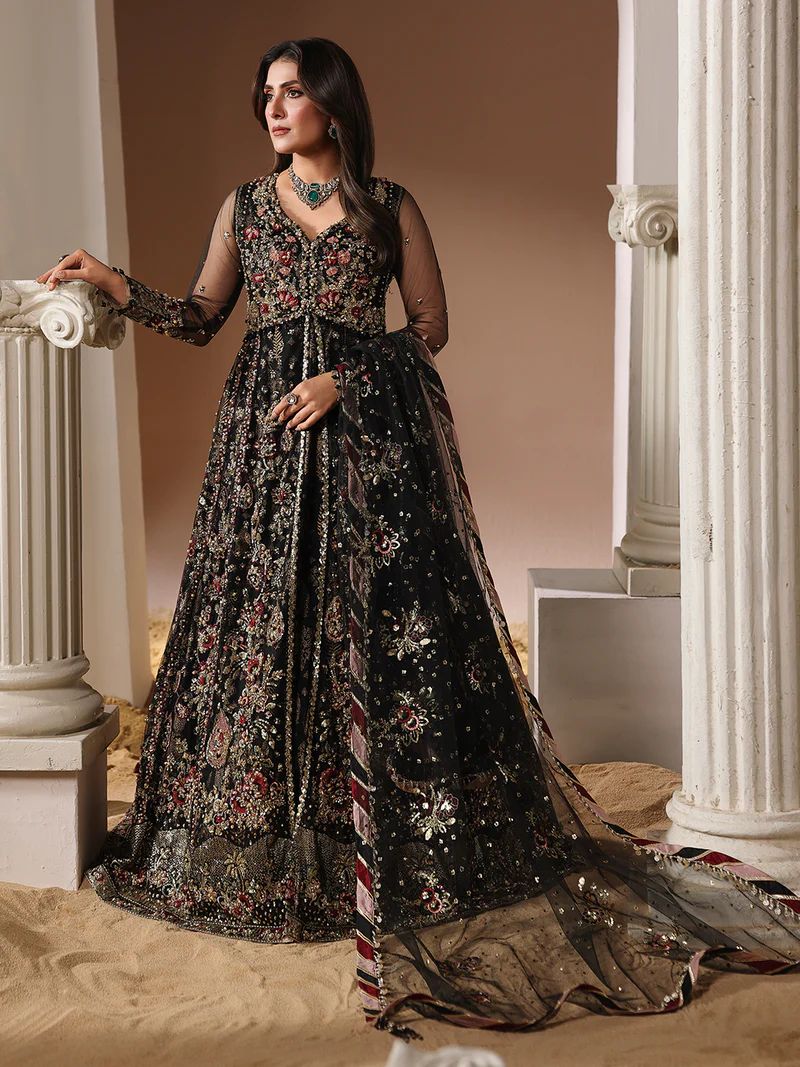 3pc Embroidered Net Open Maxi with Dupatta Zevar by Aroosh