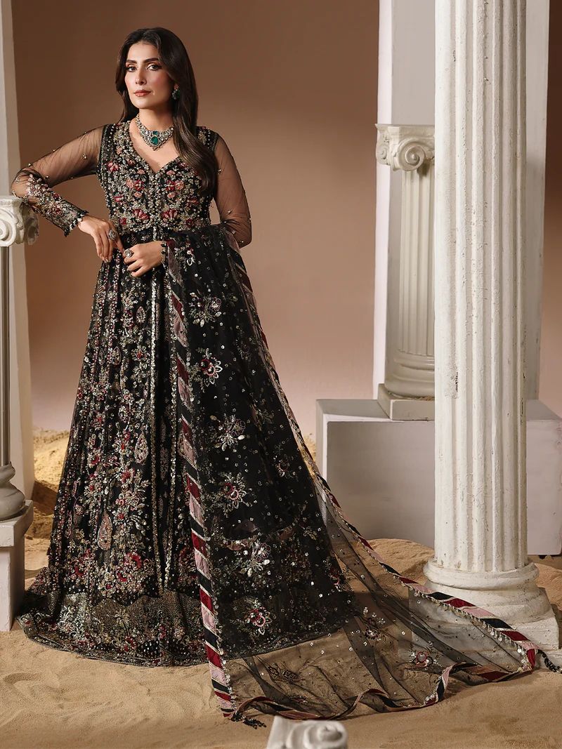 3pc Embroidered Net Open Maxi with Dupatta Zevar by Aroosh